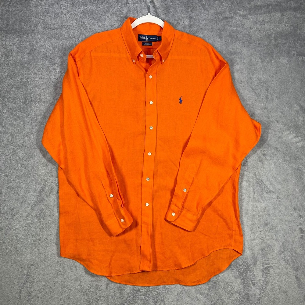 Vtg Ralph Lauren Blake Shirt Mens L Orange 100% Linen Long Sleeve Button Down